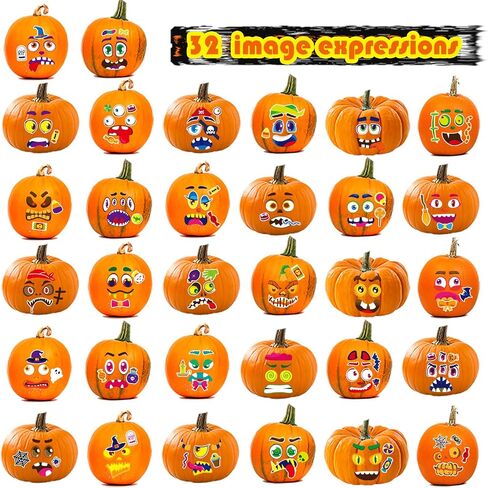 64 Pack Halloween Pumpkin Decorating Kit, Make 64 Funny Face Pumpkin Face Stickers for Kids, Pumpkin Painting Kit, Jack o Lantern Face Stickers Halloween Party Favors Halloween Craft Games Gifts in Kuwait