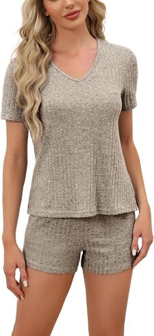Women's Pajamas Sets Ribbed Knit Lounge Set Loungewear Top and Shorts 2 Piece Outfits S-XXL in Kuwait