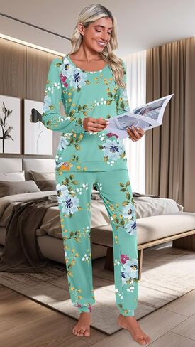 HOTGIFT Women's Fall Pajamas Set with Pockets Soft Pants with Long Sleeve Top Ladies Sleepwear in Saudi Arabia