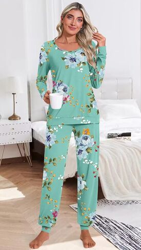 HOTGIFT Women's Fall Pajamas Set with Pockets Soft Pants with Long Sleeve Top Ladies Sleepwear in Saudi Arabia