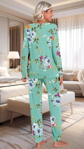HOTGIFT Women's Fall Pajamas Set with Pockets Soft Pants with Long Sleeve Top Ladies Sleepwear in Saudi Arabia