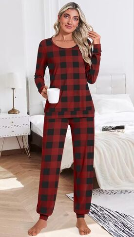 HOTGIFT Women's Fall Pajamas Set with Pockets Soft Pants with Long Sleeve Top Ladies Sleepwear in Saudi Arabia