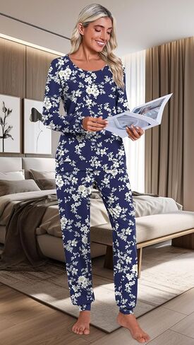 HOTGIFT Women's Fall Pajamas Set with Pockets Soft Pants with Long Sleeve Top Ladies Sleepwear in Kuwait