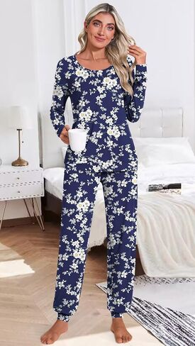 HOTGIFT Women's Fall Pajamas Set with Pockets Soft Pants with Long Sleeve Top Ladies Sleepwear in Kuwait