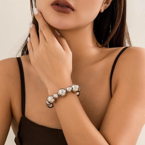 Gold Beaded Bracelet for Women Big Round Ball Beaded Elastic Bracelet Chunky Gold Bracelet Adjustable Stretch Strand Bracelet Fashion Dainty Jewelry Gift for Women in Kuwait