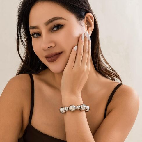 Gold Beaded Bracelet for Women Big Round Ball Beaded Elastic Bracelet Chunky Gold Bracelet Adjustable Stretch Strand Bracelet Fashion Dainty Jewelry Gift for Women in Kuwait