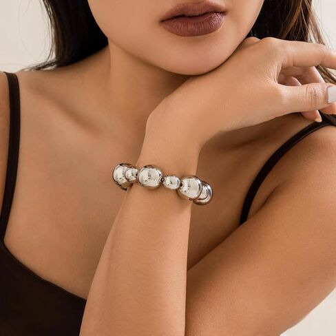 Gold Beaded Bracelet for Women Big Round Ball Beaded Elastic Bracelet Chunky Gold Bracelet Adjustable Stretch Strand Bracelet Fashion Dainty Jewelry Gift for Women in Kuwait