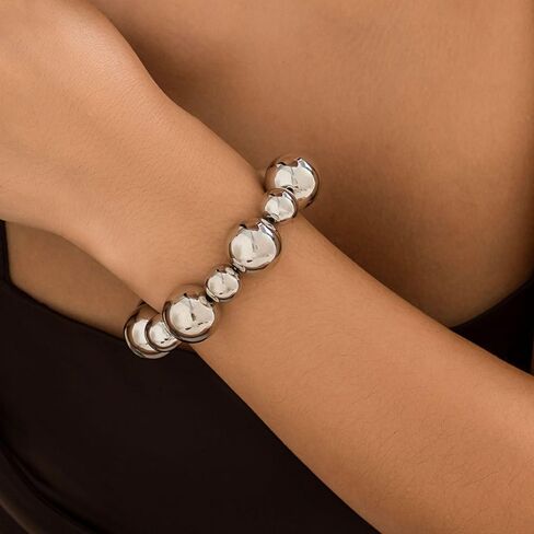 Gold Beaded Bracelet for Women Big Round Ball Beaded Elastic Bracelet Chunky Gold Bracelet Adjustable Stretch Strand Bracelet Fashion Dainty Jewelry Gift for Women in Kuwait