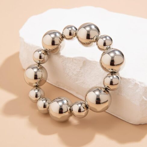 Gold Beaded Bracelet for Women Big Round Ball Beaded Elastic Bracelet Chunky Gold Bracelet Adjustable Stretch Strand Bracelet Fashion Dainty Jewelry Gift for Women in Kuwait