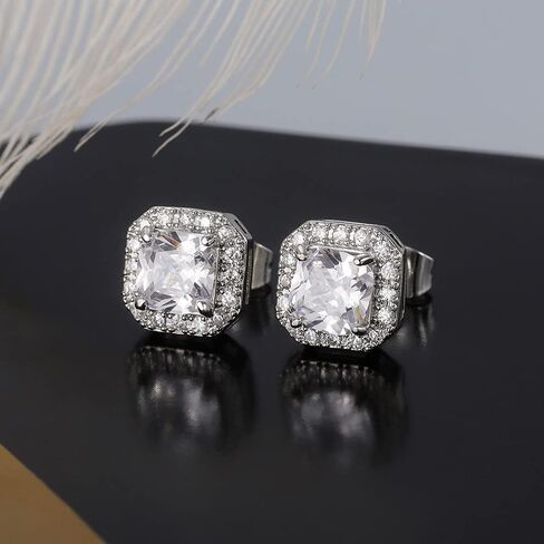 Sparkling 6mm Square Halo Stud Earrings Faux Diamond Emerald Sapphire Cubic Zirconia 925 Sterling Silver Full Diamond Delicate Stud Earrings Jewelry Gift for Banquet Party Gown Accessory green blue in Saudi Arabia