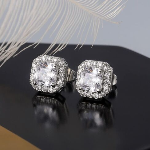 Sparkling 6mm Square Halo Stud Earrings Faux Diamond Emerald Sapphire Cubic Zirconia 925 Sterling Silver Full Diamond Delicate Stud Earrings Jewelry Gift for Banquet Party Gown Accessory green blue in Saudi Arabia