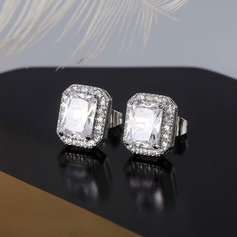 Sparkling 6mm Square Halo Stud Earrings Faux Diamond Emerald Sapphire Cubic Zirconia 925 Sterling Silver Full Diamond Delicate Stud Earrings Jewelry Gift for Banquet Party Gown Accessory green blue in Saudi Arabia