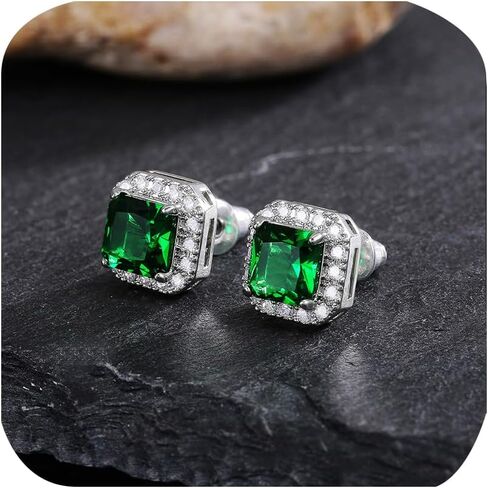 Sparkling 6mm Square Halo Stud Earrings Faux Diamond Emerald Sapphire Cubic Zirconia 925 Sterling Silver Full Diamond Delicate Stud Earrings Jewelry Gift for Banquet Party Gown Accessory green blue in Saudi Arabia