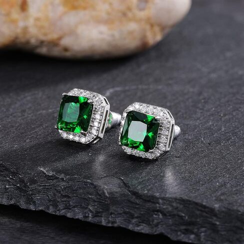 Sparkling 6mm Square Halo Stud Earrings Faux Diamond Emerald Sapphire Cubic Zirconia 925 Sterling Silver Full Diamond Delicate Stud Earrings Jewelry Gift for Banquet Party Gown Accessory green blue in Saudi Arabia