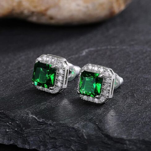 Sparkling 6mm Square Halo Stud Earrings Faux Diamond Emerald Sapphire Cubic Zirconia 925 Sterling Silver Full Diamond Delicate Stud Earrings Jewelry Gift for Banquet Party Gown Accessory green blue in Saudi Arabia