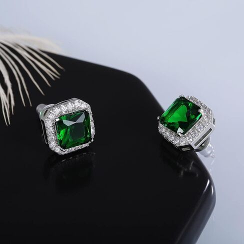 Sparkling 6mm Square Halo Stud Earrings Faux Diamond Emerald Sapphire Cubic Zirconia 925 Sterling Silver Full Diamond Delicate Stud Earrings Jewelry Gift for Banquet Party Gown Accessory green blue in Saudi Arabia
