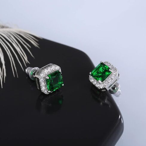 Sparkling 6mm Square Halo Stud Earrings Faux Diamond Emerald Sapphire Cubic Zirconia 925 Sterling Silver Full Diamond Delicate Stud Earrings Jewelry Gift for Banquet Party Gown Accessory green blue in Saudi Arabia