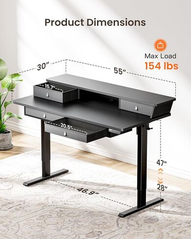 ErGear Standing Desk with Drawers, 48 x 30 Inches Height Adjustable Desk with Storage, Electric Sit Stand Desk, 4 Memory Preset Computer Home Office Desk with Cable Management Tray, Black in Kuwait