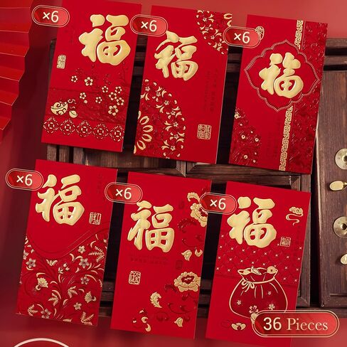 ThxToms 36pcs Red Envelopes Chinese New Year,Red Chinese Envelopes for Money 2025 Snake Lunar New Year,6 Designs, Gold Foil Fu, L in Kuwait