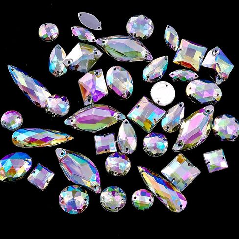 Blinginbox Sew On Rhinestones Flatback Mixed Shape Acrylic Sewing Crystal Rhinestones Gems for Crafts DIY Clothes.（Crystal AB） in Kuwait