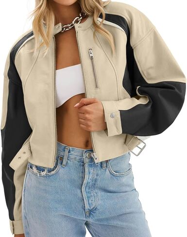 Tankaneo Womens Faux Leather Bomber Jackets Cropped Zip Up Color Block Fall Casual Moto Biker Coats in Saudi Arabia
