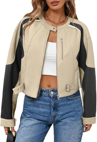 Tankaneo Womens Faux Leather Bomber Jackets Cropped Zip Up Color Block Fall Casual Moto Biker Coats in Saudi Arabia