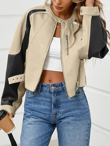 Tankaneo Womens Faux Leather Bomber Jackets Cropped Zip Up Color Block Fall Casual Moto Biker Coats in Saudi Arabia