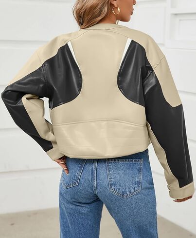 Tankaneo Womens Faux Leather Bomber Jackets Cropped Zip Up Color Block Fall Casual Moto Biker Coats in Saudi Arabia
