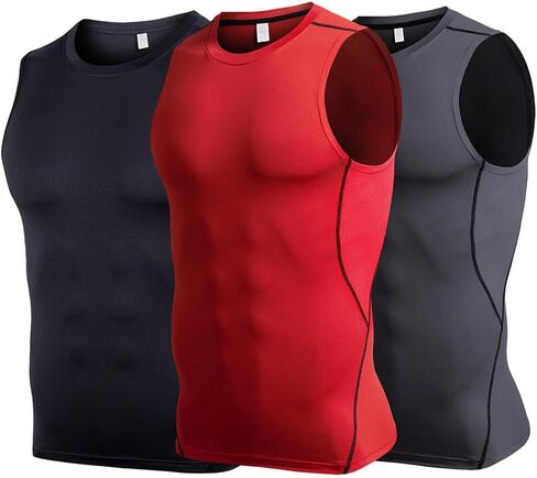 Men 3pack Compression Tank Top, Slimming Undershirt, Under Armor Compression Shirt Pack Athletic Base Layer Sport Tank Top in Kuwait