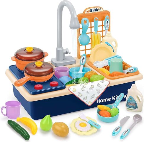 Kitchen Sink Toys, Kids Play Sink with Running Water Toddler Toys for Pretend House Role Play Kitchen Toy with Small Table, Faucet, Fishing Toys, Dishwasher with Water Cycle System Toys for Boys Girls in Saudi Arabia