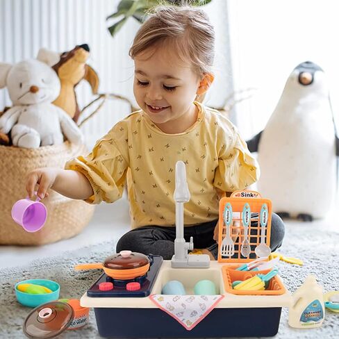 Kitchen Sink Toys, Kids Play Sink with Running Water Toddler Toys for Pretend House Role Play Kitchen Toy with Small Table, Faucet, Fishing Toys, Dishwasher with Water Cycle System Toys for Boys Girls in Saudi Arabia