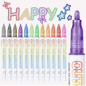 Double Line Outline Markers, 24 Colors Glitter Markers，Metallic Markers Sparkle for Drawing，Shimmer Pens, Art Pens for Kids