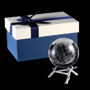 Crystal Ball 3D Engraved World Crystal Ball Glass Paperweight Clear Earth Decorative Ball with Metal Stand for Home Bedroom Table Decor,6CM Diameter
