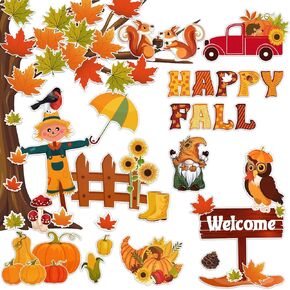 HOWAF 112 PCS Happy Fall Tree Bulletin Board Decoration, Fall Autumn Paper Cutouts Bulletin Board Stickers with Glue for Thanksgiving Classroom Party Supplies Pumpkins Maple Leaves Cutouts Stickers