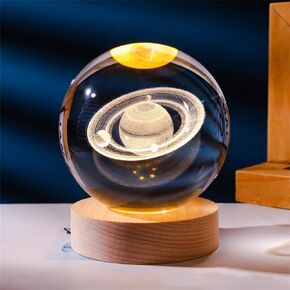 3D Galaxy Crystal Glass Ball with Wooden LED Base Creative Crystal Gifts Statues feng Shui Souvenirs Handicraft (Saturn)