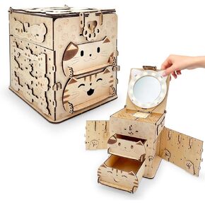 3D Wooden Puzzles Cat Treasure Box, Wood Model Building kits for Kids Adults to Build, DIY Jewelry Box with Light Mirror, Hobbies Projects Creative Gift for Teens Girls Women