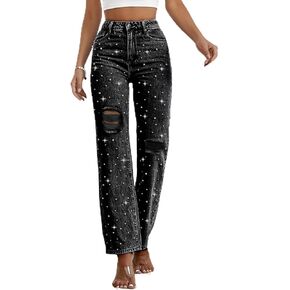 LifeShe Women Pearl Jeans Ripped Distressed Denim Pants High Waist Straight Leg Trousers