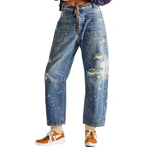 Barrel Jeans Women 2024 Trendy Low Rise Drawstring Baggy Jeans Vintage Pant Casual Wide Leg Horseshoe Demin with Pockets