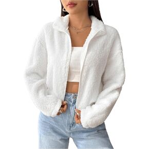 Verdusa Women's Zip Up Drop Shoulder Fuzzy Plush Crop Jacket Teddy Coat
