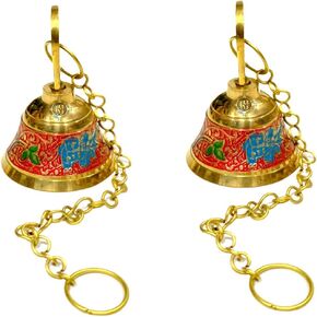 Pure Brass Pooja Room Hanging Bell with Chain Set of 2, for Temple Mandir Home Decorative Bell (Red)