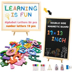 Double-Sided Magnetic Chalkboard and Whiteboard- Includes Wooden Magnetic Alphabet&Number Letters Kit- Spelling and Learning Toys for Preschool Kids&Toddlers&Children