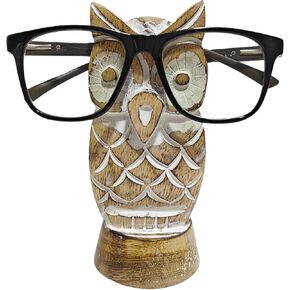 Wooden Handmade Sunglasses Holder, Owl Shape Eyewear Retainer for Desktop, Optical Glass Accessories, Home Office Decor (Burn White)