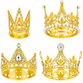 4 Pcs Mini Crown Cake Topper Birthday Tiara Crown Crystal Pearl Princess Kueen Cake Crown for Wedding Pet Birthday(Gold,Classic Style)
