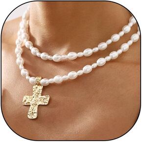 Baroque Pearl Beaded Cross Necklace Gold Y2K Chunky Cross Pendant Necklace Layered Pearl Beaded Necklace for Women Costume Jewelry for Christmas Birthday Baptism