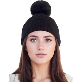 Winter Knit Beanie Hat with Real Fox Fur Pom Pom Chunky Snow Cap for Women Girls