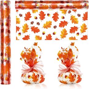 JarThenaAMCS Fall Cellophane Wrap Roll 100ft x 16 In 2.5Mil Leaves Acorns Cellophane Paper Orange Clear Cello Wrapping Paper for Autumn Thanksgiving Treats Gifts Basket Party Favor
