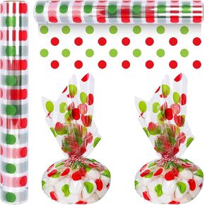 JarThenaAMCS Christmas Cellophane Wrap Roll 16" x 100 Ft Red Green Xmas Polka Dot Cellophane Paper Clear Cello Wrapping Paper for DIY Crafts Gift Basket Wrap New Year Party Favor