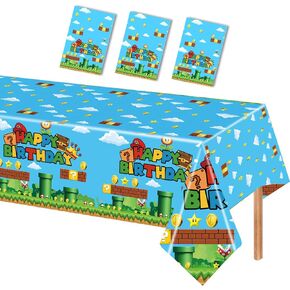 3PCS Video Game Theme Tablecloth, Super Brother Plastic Tablecover Disposable Table Covers for Game Brothers Birthday Party Decorations Supplies, 86.6 x 51.2in