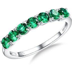 925 Sterling Silver Birthstone Rings for Women Created Gemstone Half Eternity Band 7 Stone Cubic Zirconia Wedding Band Birthstone Jewelry Size 6-10