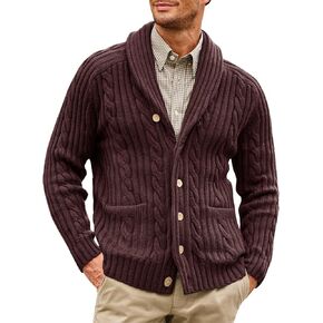 Runcati Mens Cable Knit Cardigan Sweater Shawl Collar Button Down Long Sleeve Casual Sweaters with Pockets
